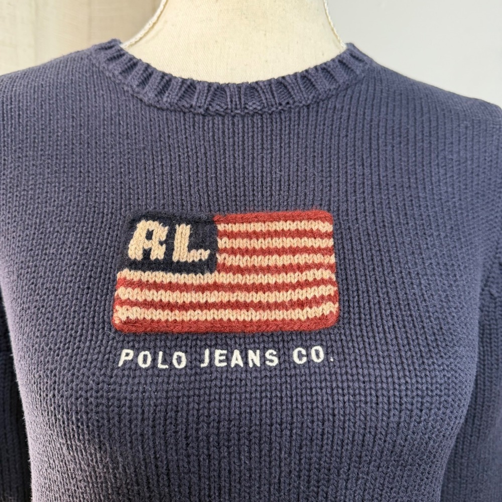 Vintage Polo Jeans Ralph Lauren USA Flag Knit Sweater Navy Blue Women's Medium - Picture 4 of 8